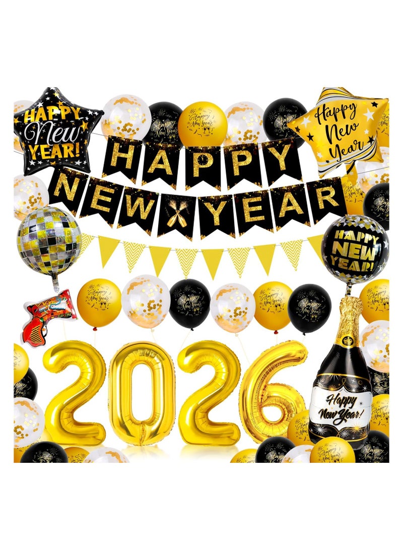 عام زينة رأس السنة 2026 باللونين الذهبي والأسود - بالونات رأس السنة، لافتة "سنة جديدة سعيدة"، كرة ديسكو 4D، بالونات رقائقية، مسدس فرقعة منفوخ، ديكورات العام الجديد - Image 1