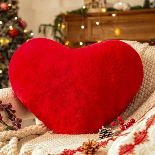 YRXRUS Heart Pillow, Red Heart Pillows, Love Pillow Gifts, 14X17 Inch Large Heart Shaped Pillows, Faux Rabbit Fur Coquette Room Decor Throw Pillows, Living, Bedroom - Image 1