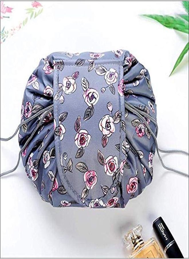HOUSE OF QUIRK Lazy Cosmetic Bag Drawstring Travel Makeup Bag Pouch Multifunction Storage Portable Toiletry Bags - Grey Floral  - Image 2