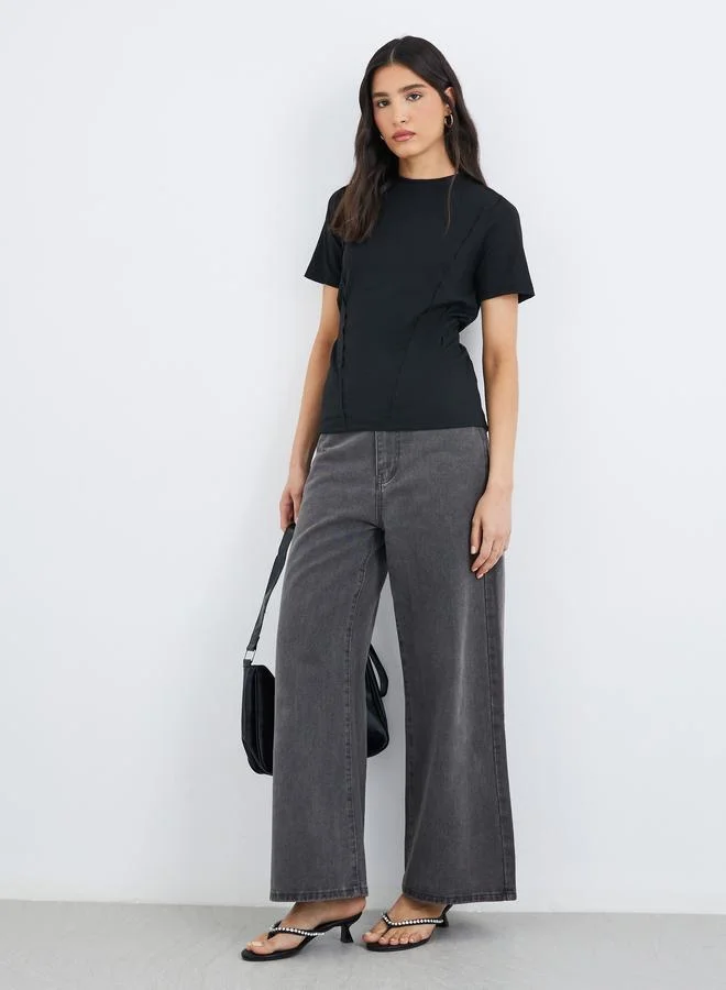 Take Two Take Two Black Round Neck Cut and Sew Panel T-Shirt