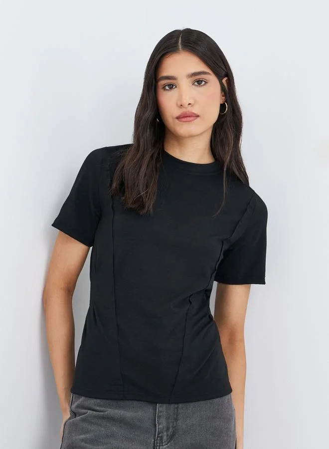 Take Two Take Two Black Round Neck Cut and Sew Panel T-Shirt