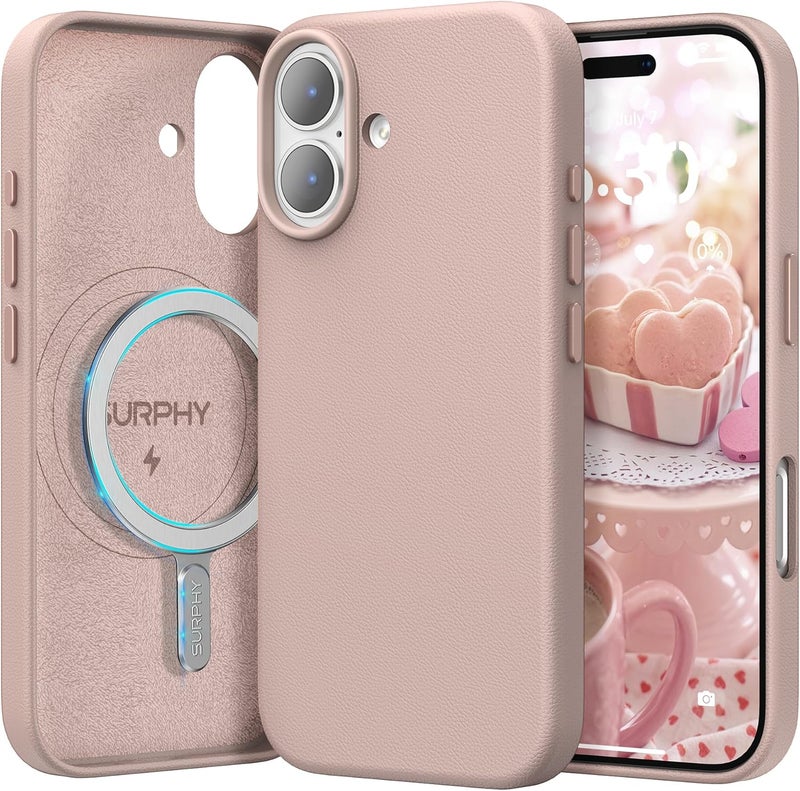 SURPHY Designed for iPhone 17 Leather Case, Compatible with MagSafe Wireless Charging Faux Leather Case with Metallic Buttons and Microfiber Lining for 17 6.3 inch 2025, Pink Sand - Image 1