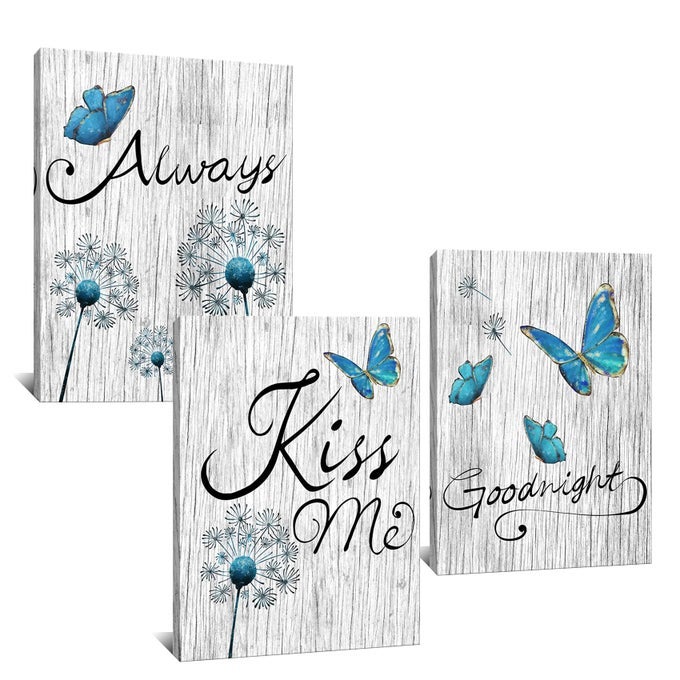 TURQUOISE BLUE BUTTERFLY AND DANDELION WITH ELEGANT ALWAYS KISS ME GOODNIGHT PAINTING RUSTIC GREY WOODEN TEXTURED GICLEE CANVAS WALL ART DECOR READY TO HANG