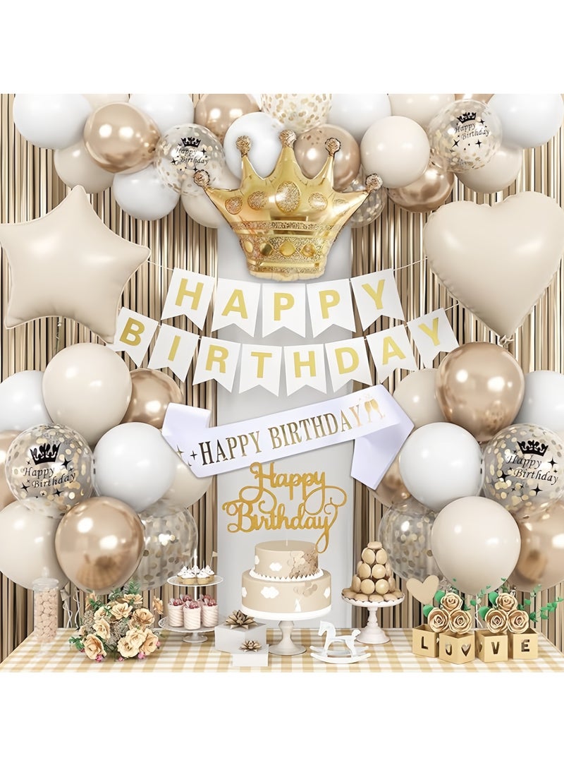 عالم البالونات مجموعة أقواس البالونات لتزيين حفلات أعياد الميلاد باللون الأبيض الشمبانيا والذهبي مع لافتة عيد ميلاد سعيد، وبالونات من رقائق معدنية، وستارة هامشية وشريط - Image 1