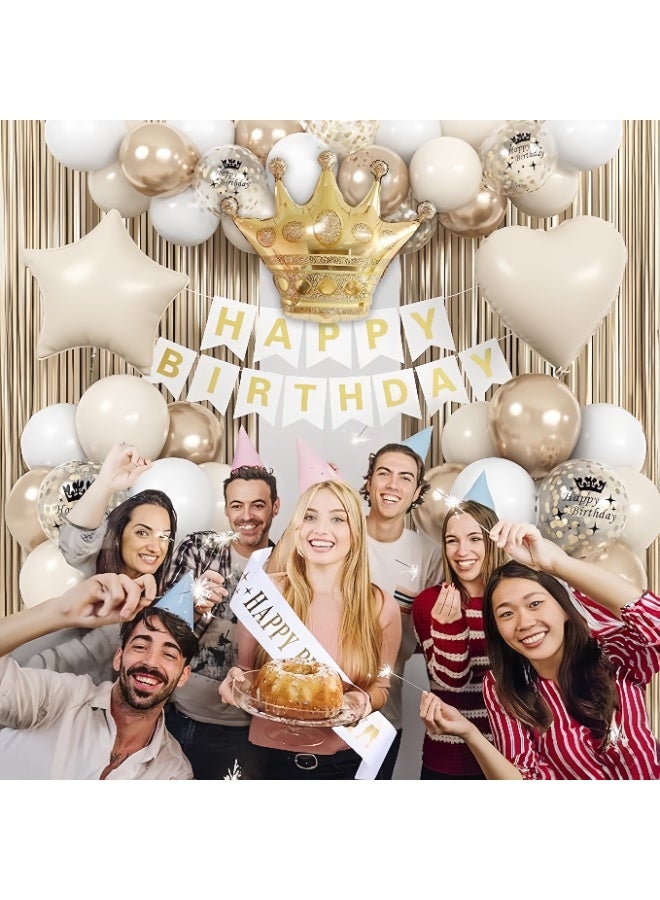 عالم البالونات مجموعة أقواس البالونات لتزيين حفلات أعياد الميلاد باللون الأبيض الشمبانيا والذهبي مع لافتة عيد ميلاد سعيد، وبالونات من رقائق معدنية، وستارة هامشية وشريط - Image 5