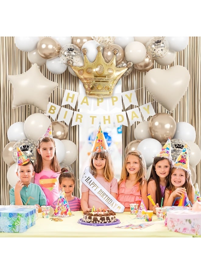 عالم البالونات مجموعة أقواس البالونات لتزيين حفلات أعياد الميلاد باللون الأبيض الشمبانيا والذهبي مع لافتة عيد ميلاد سعيد، وبالونات من رقائق معدنية، وستارة هامشية وشريط - Image 4