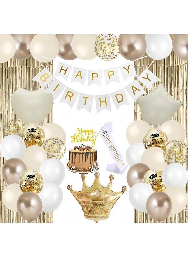 Balloon World Champagne White Gold Birthday Party Decoration Balloon Arch Garland Set with Happy Birthday Banner, Foil Balloon, Fringe Curtain and Ribbon - Image 1