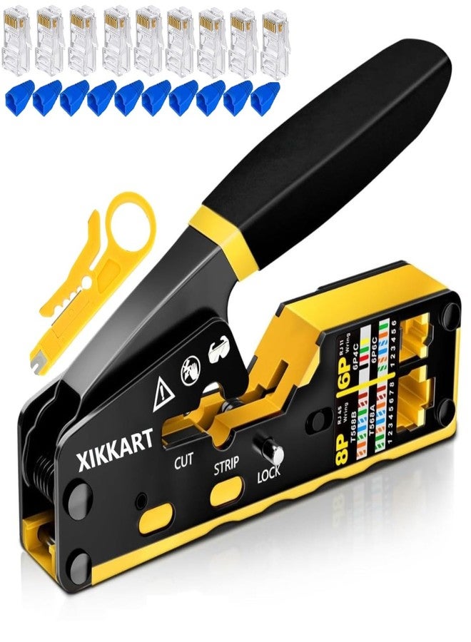 XIKKART RJ45 Crimping Tool Kit | Pass Through Ethernet Crimper for Cat7, Cat6, Cat5 | Network Cable Crimping Tool with 5Pcs Cat6 Connectors + 5Pcs Boots | RJ45 RJ11 RJ12 Tool (Multicolor) - Image 1