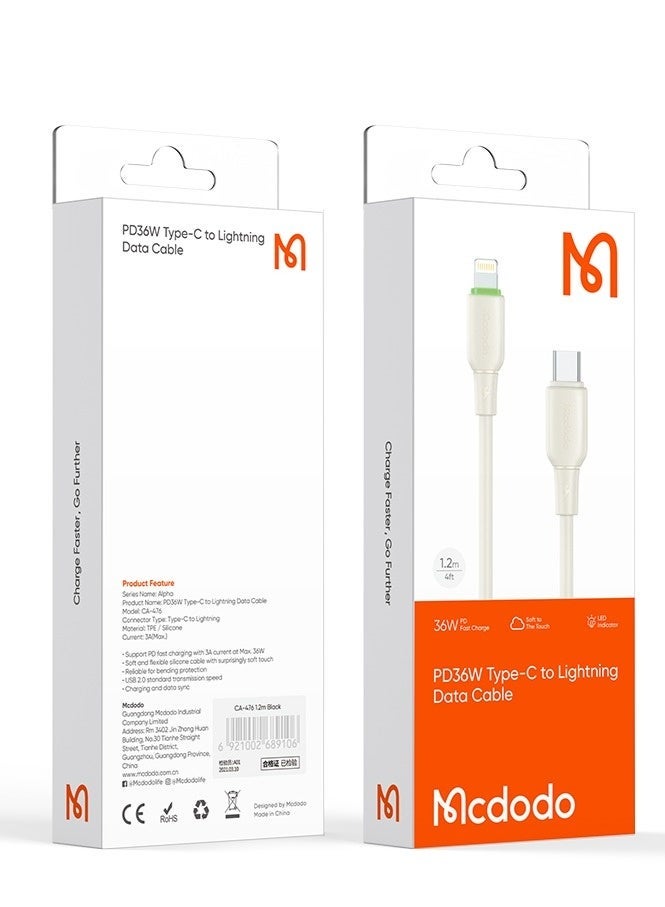 Mcdodo iPhone USB-C to Lightning Cable 36W LED Light 1.2m – Fast Charging PD Data Sync Cable for iPhone 14 13 12 11, iPad, AirPods – Beige - Image 3