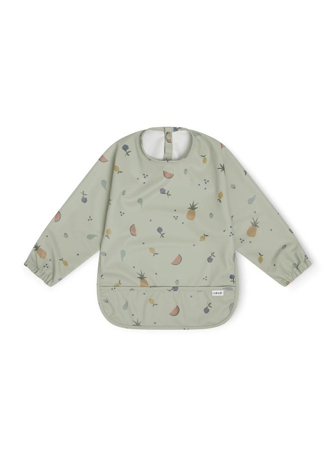 Lalo Smock Bib - Long Sleeve Baby Bib, Elastic Cuffs for Comfort, Large Catch-All Pocket, Waterproof Recycled Polyester - Durable Baby Smock Bib for Mealtime - Ages 6-24 Mo. - Fruit Print Sage - Image 1