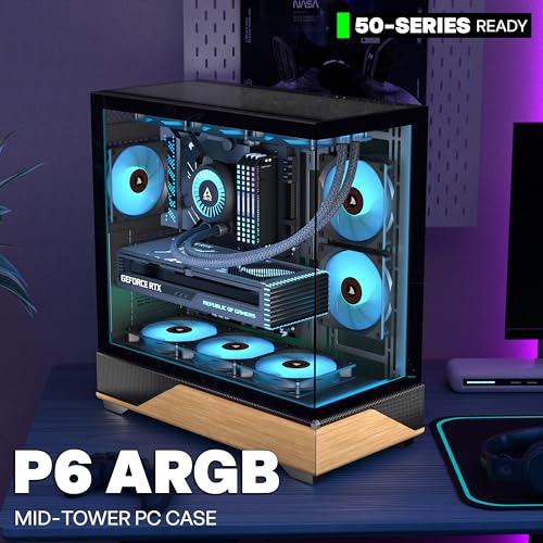 KEDIERS PC CASE ATX 5 PWM ARGB Fans Pre-Installed, Type-C Mid Tower Computer Case with Full-View Dual Tempered Glass, Printed Walnut Wood Panels,Support 360mm Radiator,Gaming PC Case,Black,new P6 - Image 2