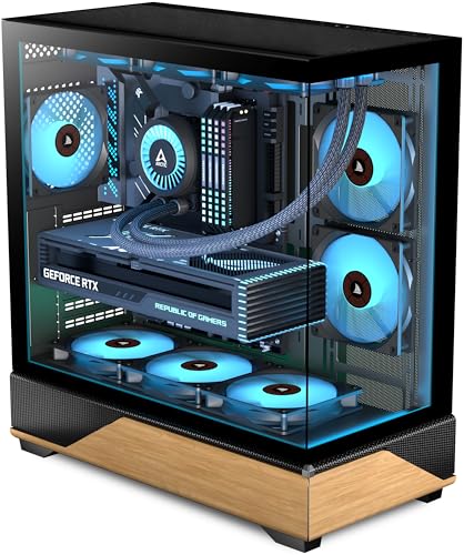 KEDIERS PC CASE ATX 5 PWM ARGB Fans Pre-Installed, Type-C Mid Tower Computer Case with Full-View Dual Tempered Glass, Printed Walnut Wood Panels,Support 360mm Radiator,Gaming PC Case,Black,new P6 - Image 1