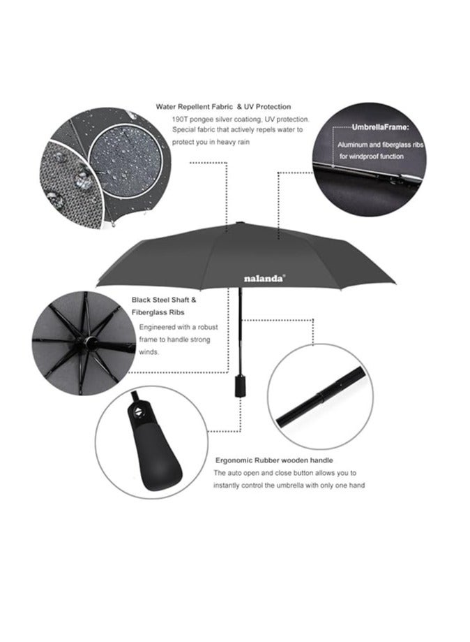 NALANDA NALANDA Automatic Folding Travel Umbrella Auto Open and Close Umbrella Folding Portable Compact Umbrella for Sun & Rain Men and Women, GRAY, 35 x 7 x 7 cm  - Image 2