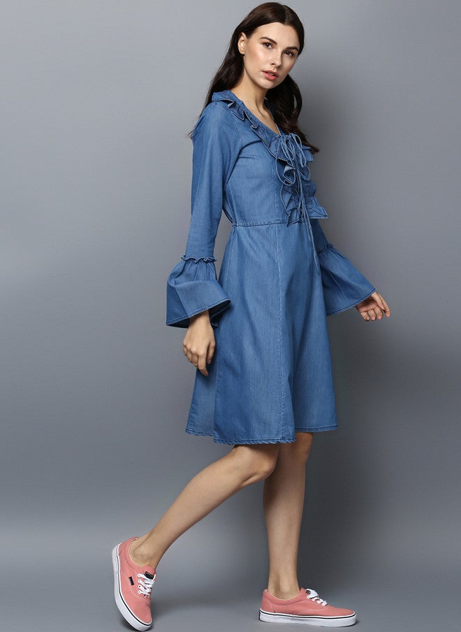 StyleStone فستان جينز نسائي أزرق بتصميم ضيق ومتسع من ستايل ستون - Image 3