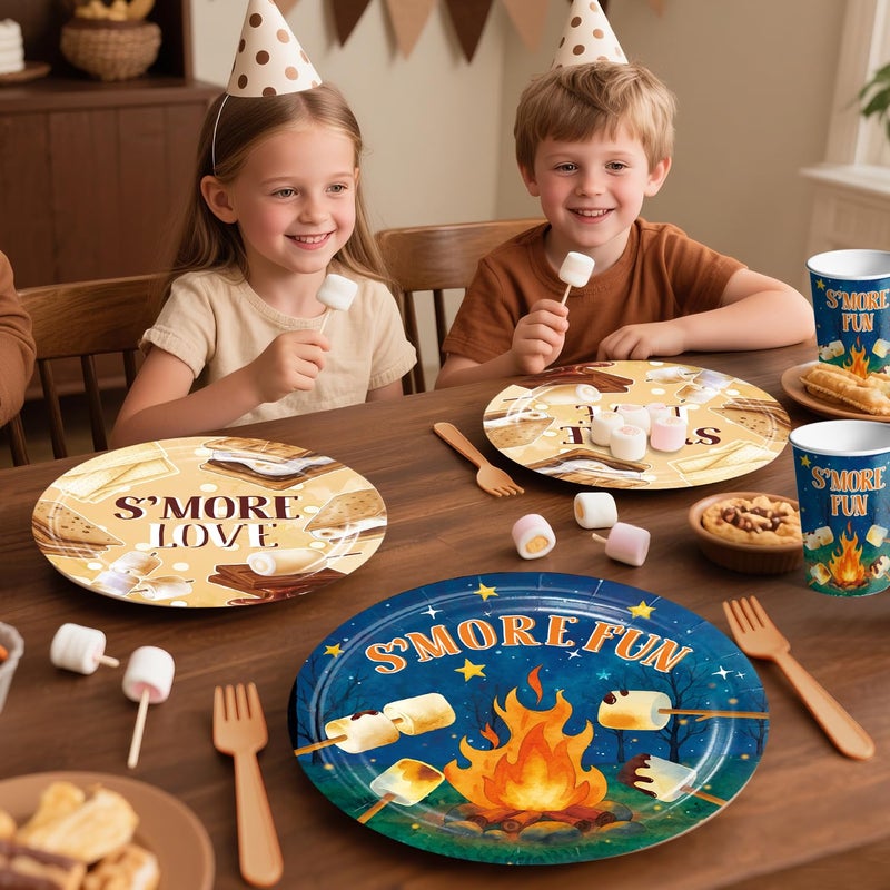 Xynic 213 pcs Smores Party Decorations Tableware Set, Smore Love Fun Party Supplies, With Banner, Cake Topper, Plates and Napkins, for Smores Birthday Party, Serves 25 Guests - Image 2