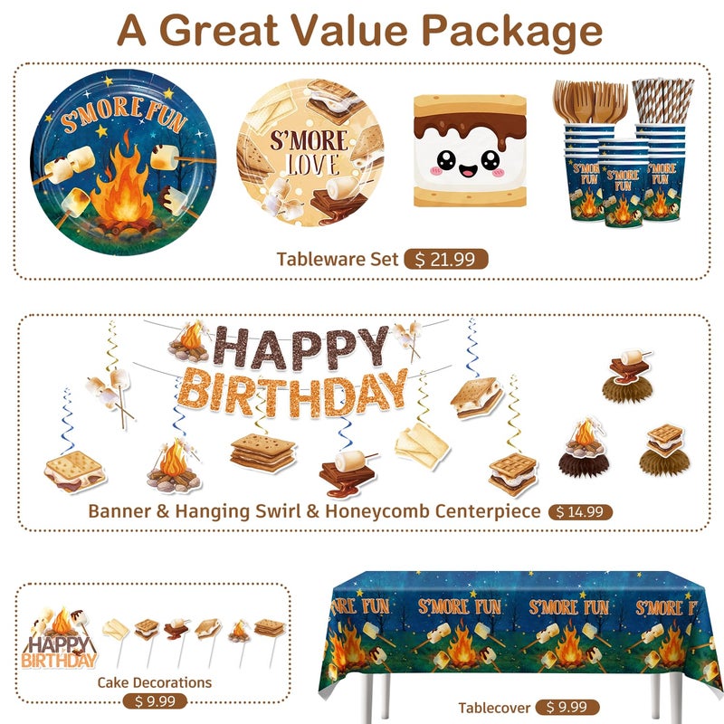 Xynic 213 pcs Smores Party Decorations Tableware Set, Smore Love Fun Party Supplies, With Banner, Cake Topper, Plates and Napkins, for Smores Birthday Party, Serves 25 Guests - Image 5