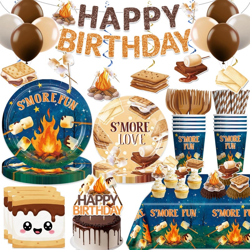 Xynic 213 pcs Smores Party Decorations Tableware Set, Smore Love Fun Party Supplies, With Banner, Cake Topper, Plates and Napkins, for Smores Birthday Party, Serves 25 Guests - Image 1