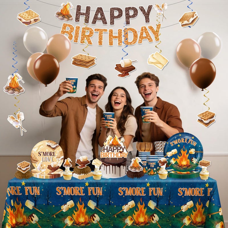 Xynic 213 pcs Smores Party Decorations Tableware Set, Smore Love Fun Party Supplies, With Banner, Cake Topper, Plates and Napkins, for Smores Birthday Party, Serves 25 Guests - Image 3