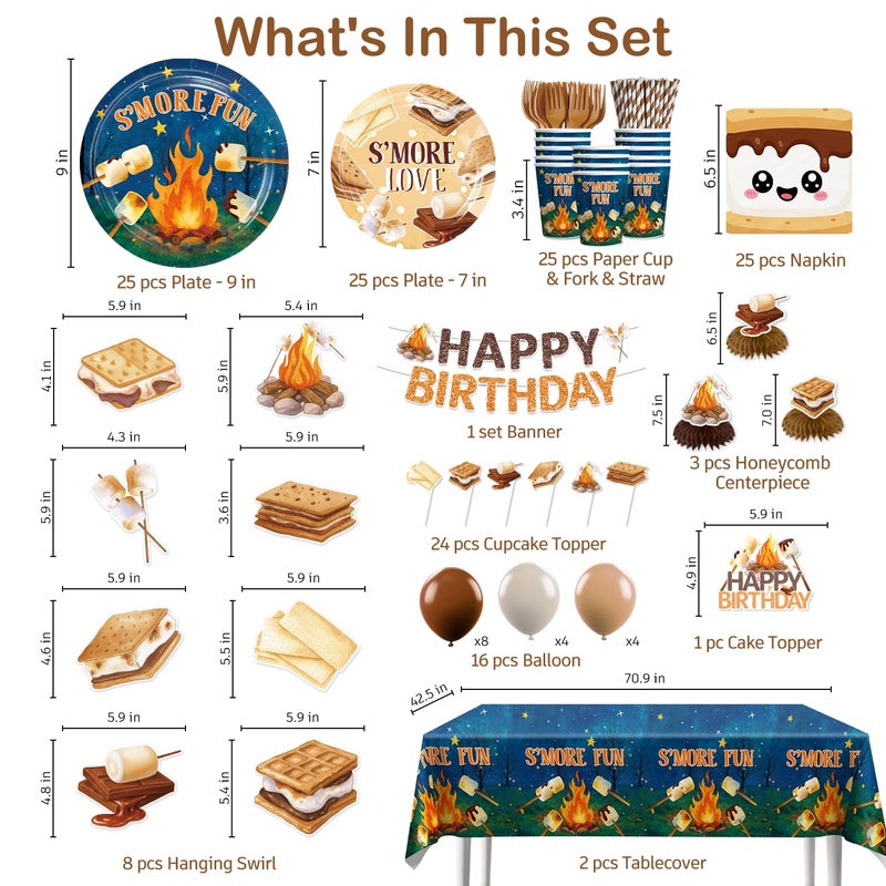 Xynic 213 pcs Smores Party Decorations Tableware Set, Smore Love Fun Party Supplies, With Banner, Cake Topper, Plates and Napkins, for Smores Birthday Party, Serves 25 Guests - Image 4