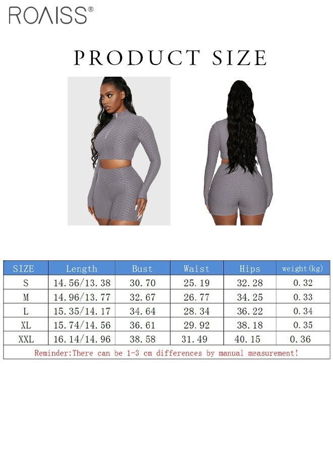 roaiss 2-Piece Women's Sports Set Honeycomb Fabric Zipper Pullover Top Widened High Waisted Anti Curling Yoga Shorts - Image 2