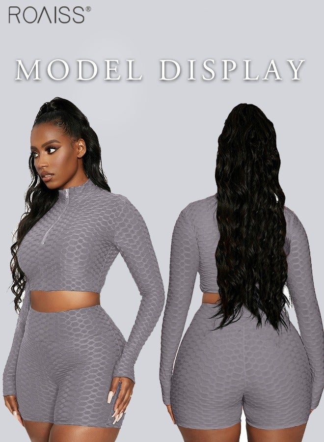 roaiss 2-Piece Women's Sports Set Honeycomb Fabric Zipper Pullover Top Widened High Waisted Anti Curling Yoga Shorts - Image 4