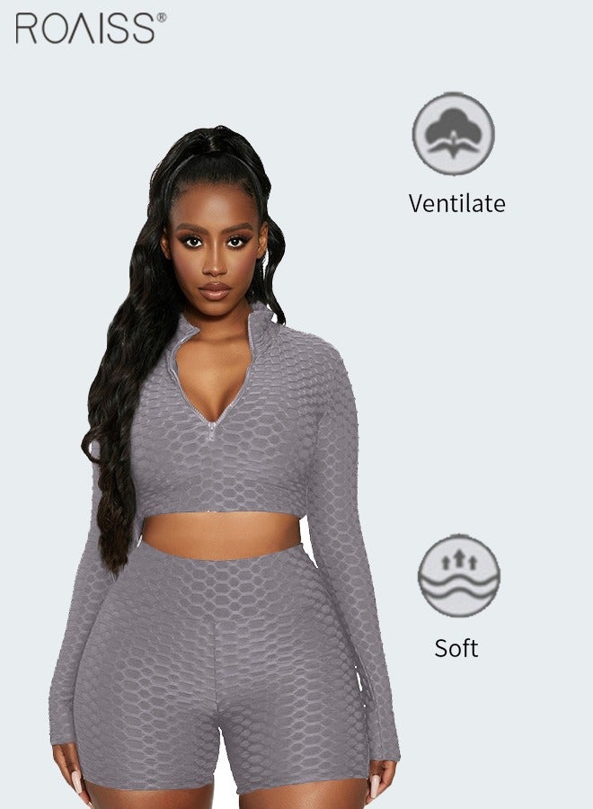 roaiss 2-Piece Women's Sports Set Honeycomb Fabric Zipper Pullover Top Widened High Waisted Anti Curling Yoga Shorts - Image 1