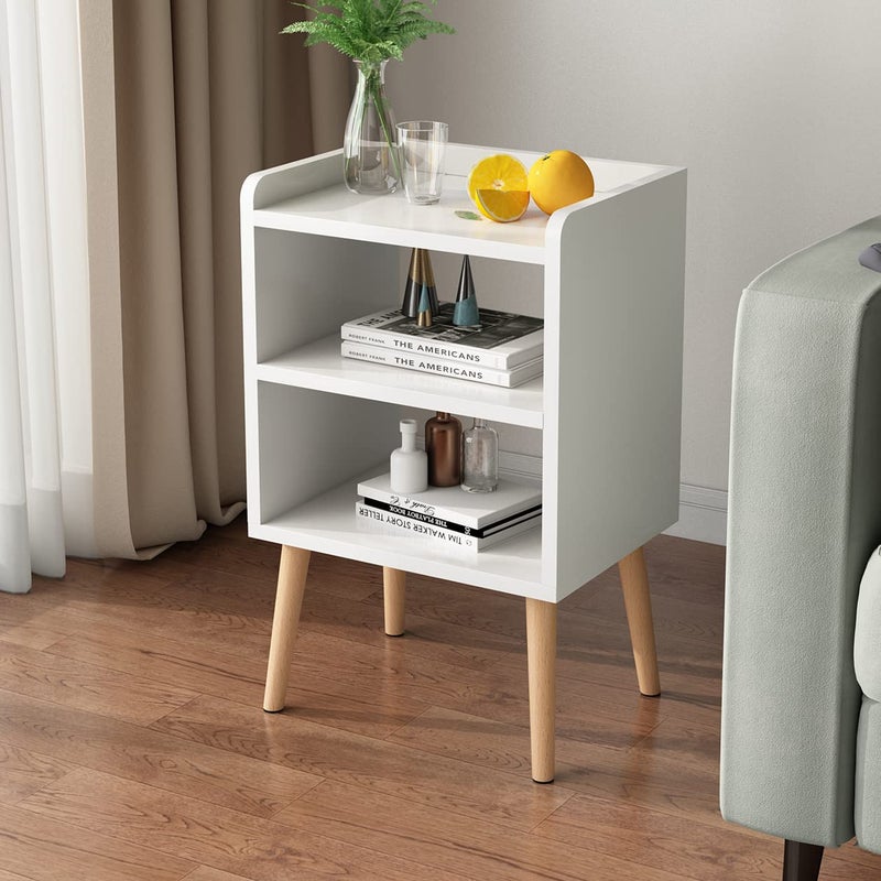 LUCKNOCK Mid Century Modern Nightstand White Wood Bedside Table 3 Tier Tall End Side Table with Open Storage Shelves Small Night Stand for Bedroom Kids Room Small Spaces