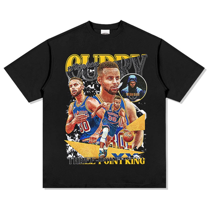 2022 New Warriors Curry Basketball Figure Print Short-sleeved T-shirt European and American Fashion Top black short sleeve - Image 1