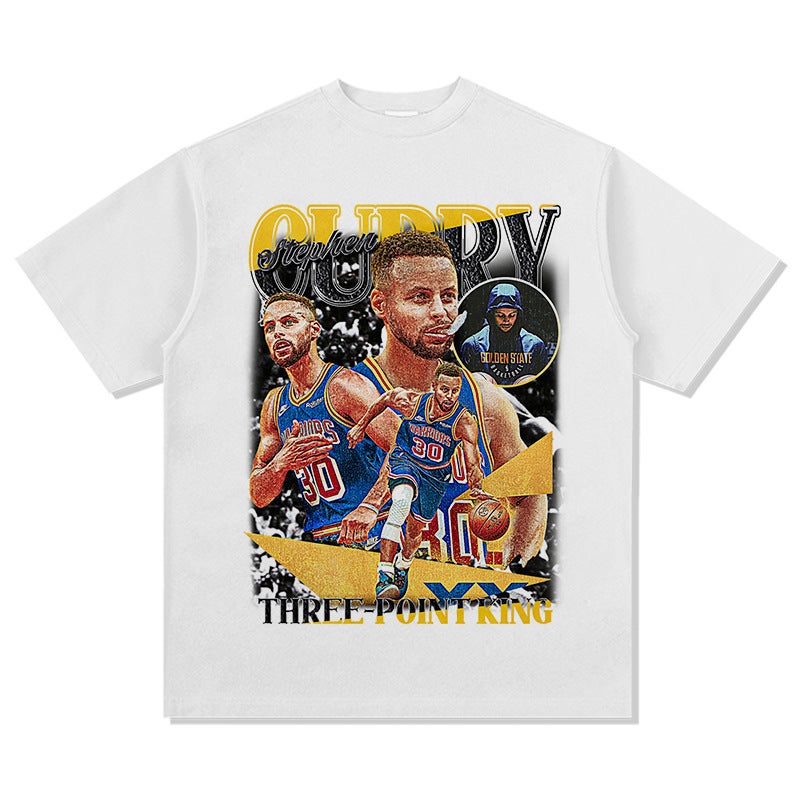 2022 New Warriors Curry Basketball Figure Print Short-sleeved T-shirt European and American Fashion Top black short sleeve - Image 2