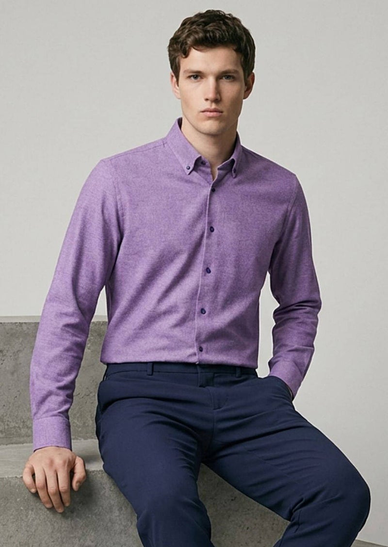RAMSEY Purple Plain Regular Fit Long Weaving Casual 100% Cotton Shirt - Image 3