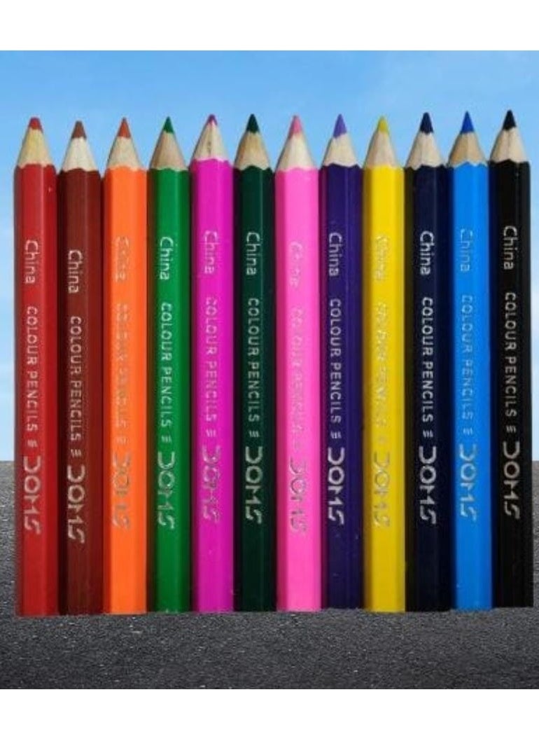 DOMS Dom's Short Colored Pencils Set – 12 Bright Colors (9×11 cm) + Free Sharpener – Perfect for Kids & School Art  - Image 4