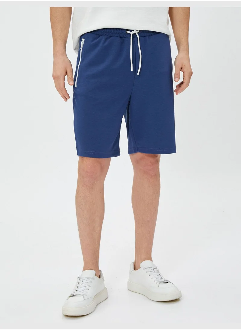 KOTON Bermuda Shorts Slogan Printed Drawstring Zipper Pocket Detailed Slim Fit