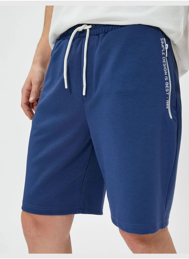 KOTON Bermuda Shorts Slogan Printed Drawstring Zipper Pocket Detailed Slim Fit