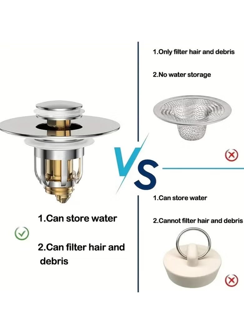 سدادة تصريف حوض الحمام، مصفاة عالمية من الفولاذ المقاوم للصدأ قابلة للفتح والإغلاق، مناسبة لحوض بحجم 1.06 بوصة - 1.65 بوصة، مصفاة حوض من الكروم قابلة للفتح والإغلاق مع مصيدة شعر (عبوة من قطعتين) - Image 2
