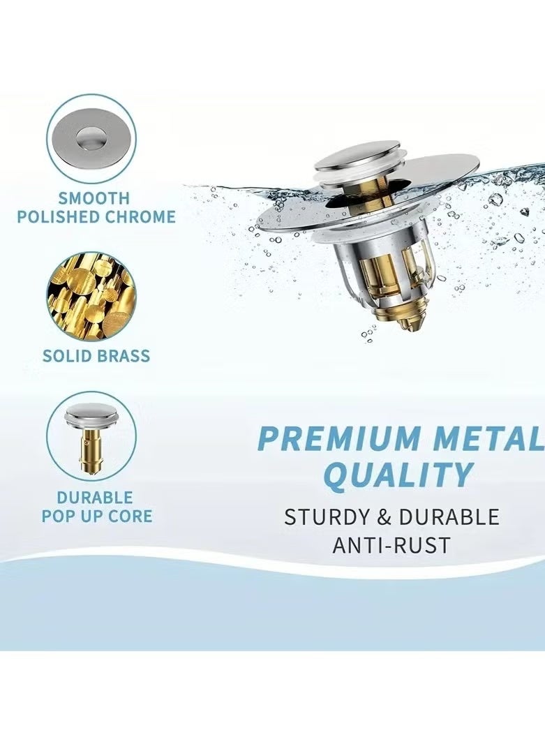 سدادة تصريف حوض الحمام، مصفاة عالمية من الفولاذ المقاوم للصدأ قابلة للفتح والإغلاق، مناسبة لحوض بحجم 1.06 بوصة - 1.65 بوصة، مصفاة حوض من الكروم قابلة للفتح والإغلاق مع مصيدة شعر (عبوة من قطعتين) - Image 4