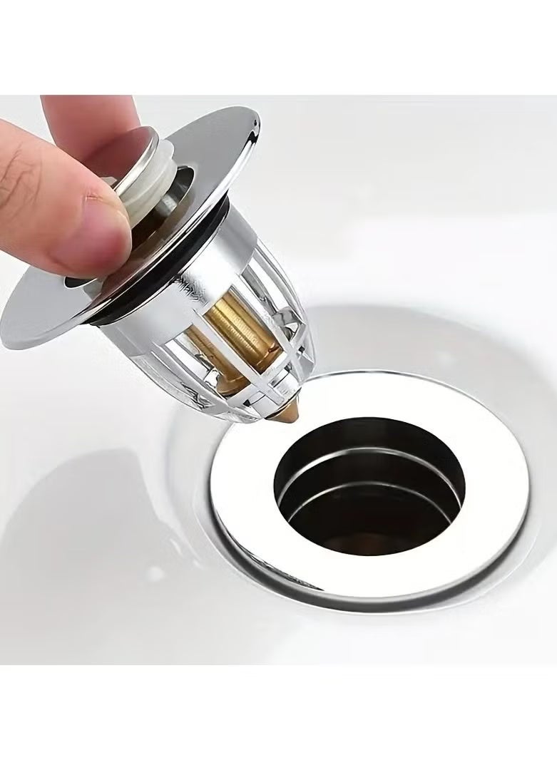 سدادة تصريف حوض الحمام، مصفاة عالمية من الفولاذ المقاوم للصدأ قابلة للفتح والإغلاق، مناسبة لحوض بحجم 1.06 بوصة - 1.65 بوصة، مصفاة حوض من الكروم قابلة للفتح والإغلاق مع مصيدة شعر (عبوة من قطعتين) - Image 1