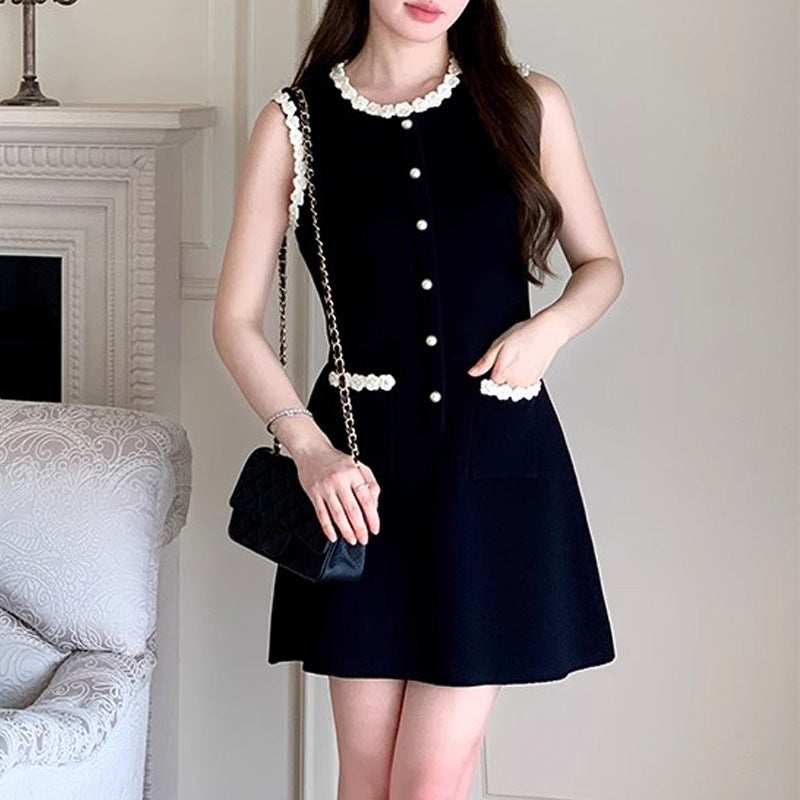 New Style Chanel Style Lace Bead Pocket Slip Skirt Round Neck Sleeveless Skirt Summer Slim-fit Slimming dress Black