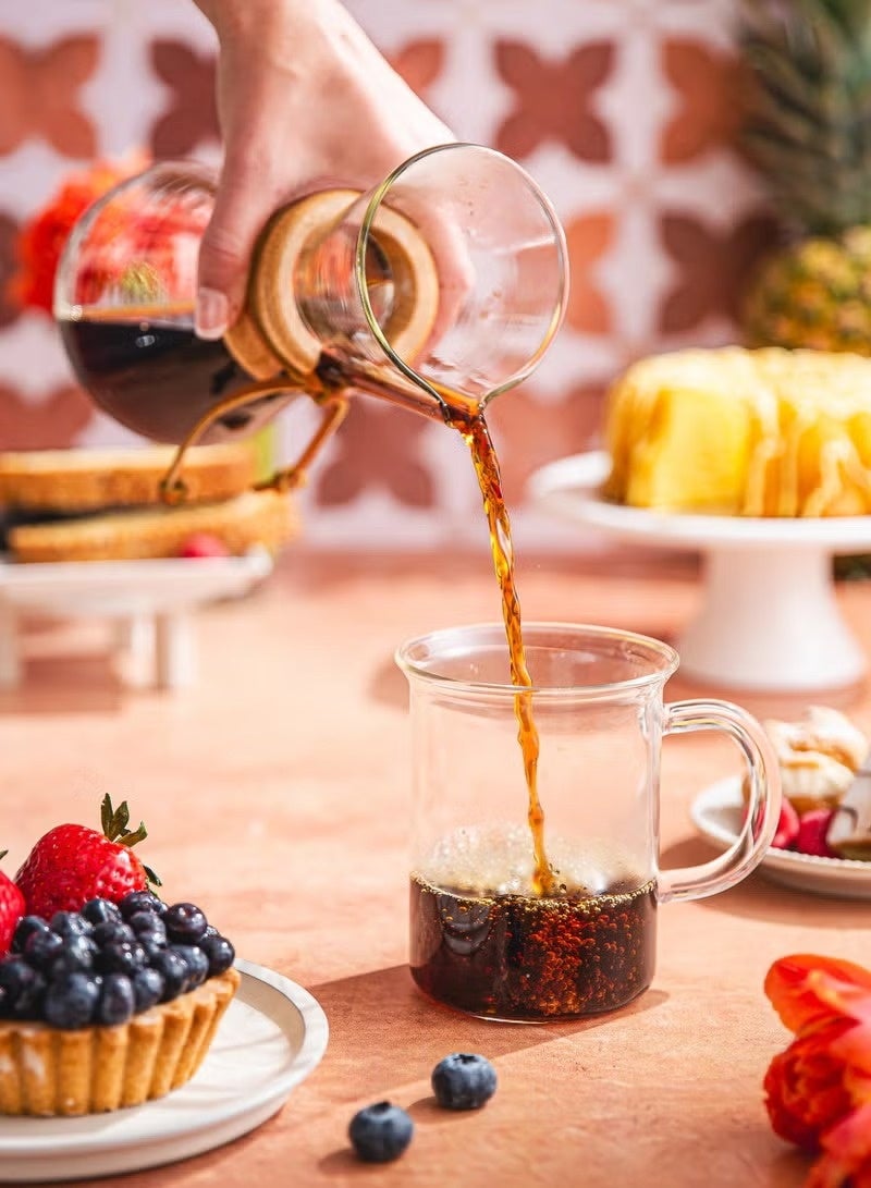 3 Cup Classic Coffee Maker, Borosilicate Glass with A Polished Wood Collar and Leather Tie 600ml - Image 5