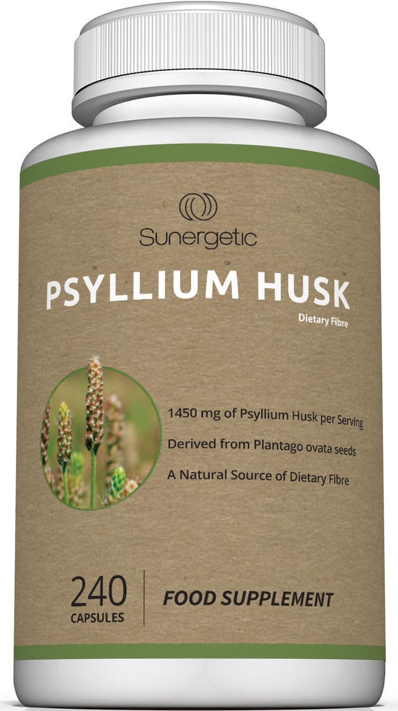 Sunergetic Premium Psyllium Husk Capsules Psyllium Husk Fibre Supplement Helps Support Digestion Intestinal Health Regularity 240 Capsules - Image 1