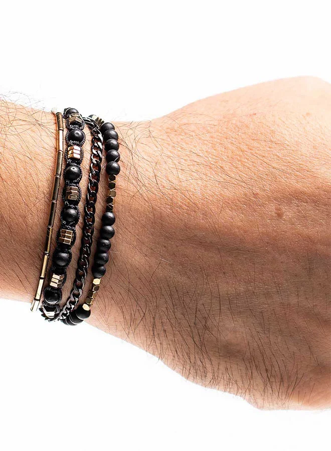CHRYSOSTOMOS Handmade Adjustable Beaded Bracelet for Men with Black Silver Chain and Black Matte Onyx