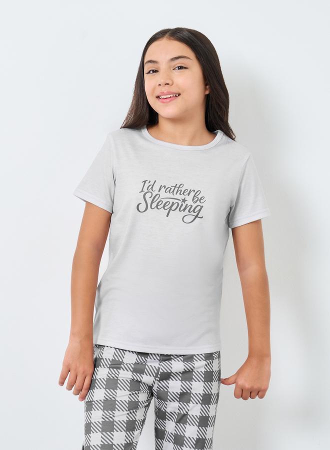 Styli Teen Grey Slogan T-Shirt and Checked Pyjama Set - Image 2