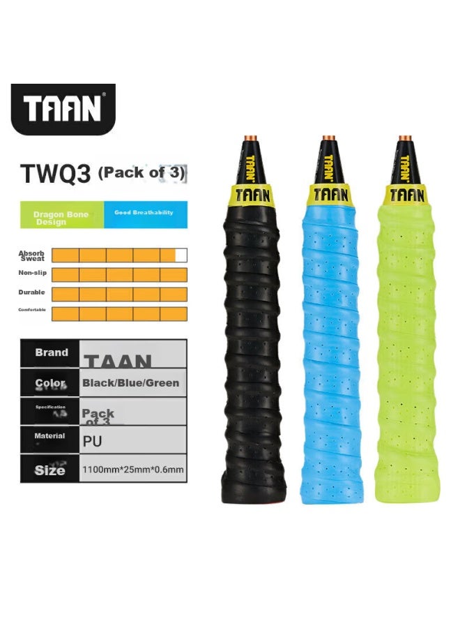 Taan Badminton Racket Grip Tape, Spine Binding Tape, Perforated Handle Wrap, Three-pack Twq3 Black/blue/luminous Yellow - Image 2
