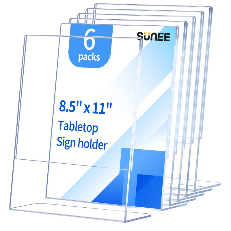 SUNEE 6 Packs Clear Plastic Sign Holders for 8.5x11 Paper, Vertical L-shape Frame for Displaying Signs and Menus - Image 1
