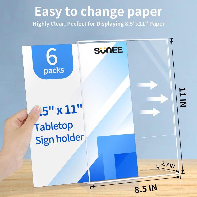SUNEE 6 Packs Clear Plastic Sign Holders for 8.5x11 Paper, Vertical L-shape Frame for Displaying Signs and Menus - Image 2