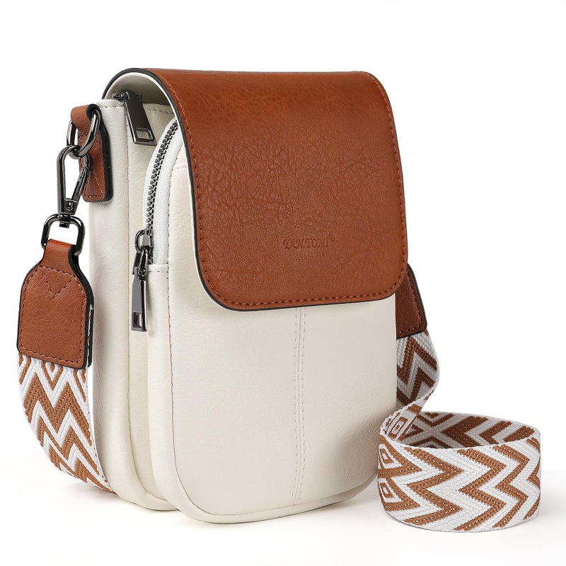 TANTOMI Small Crossbody Bags for Women, Small Purses with Card Slots Phone Purse Wide Adjustable Strap (White/Light Brown) - Image 1