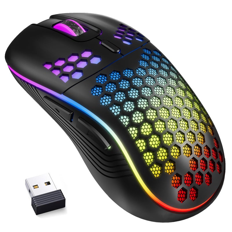 MELOGAGA Wireless Gaming Mouse Honeycomb 2.4G USB Cordless Mouse RGB Rechargeable PC Game Mice with 7-Color LED Lightsï¼Œ4 Adjustable DPI for Windows Laptop Desktop Computers -Black - Image 1