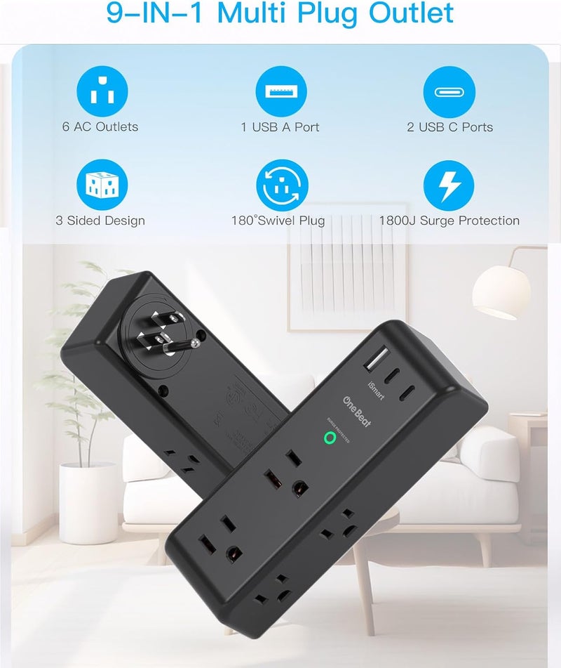 One Beat Surge Protector Outlet Extender with Rotating Plug, 6 AC Multi Plug Outlet with 3 USB Ports (2 USB C), 1800J Wall Charger Swivel Power Adapter with Spaced Outlet Splitter for Home Office Dorm, Black - Image 3