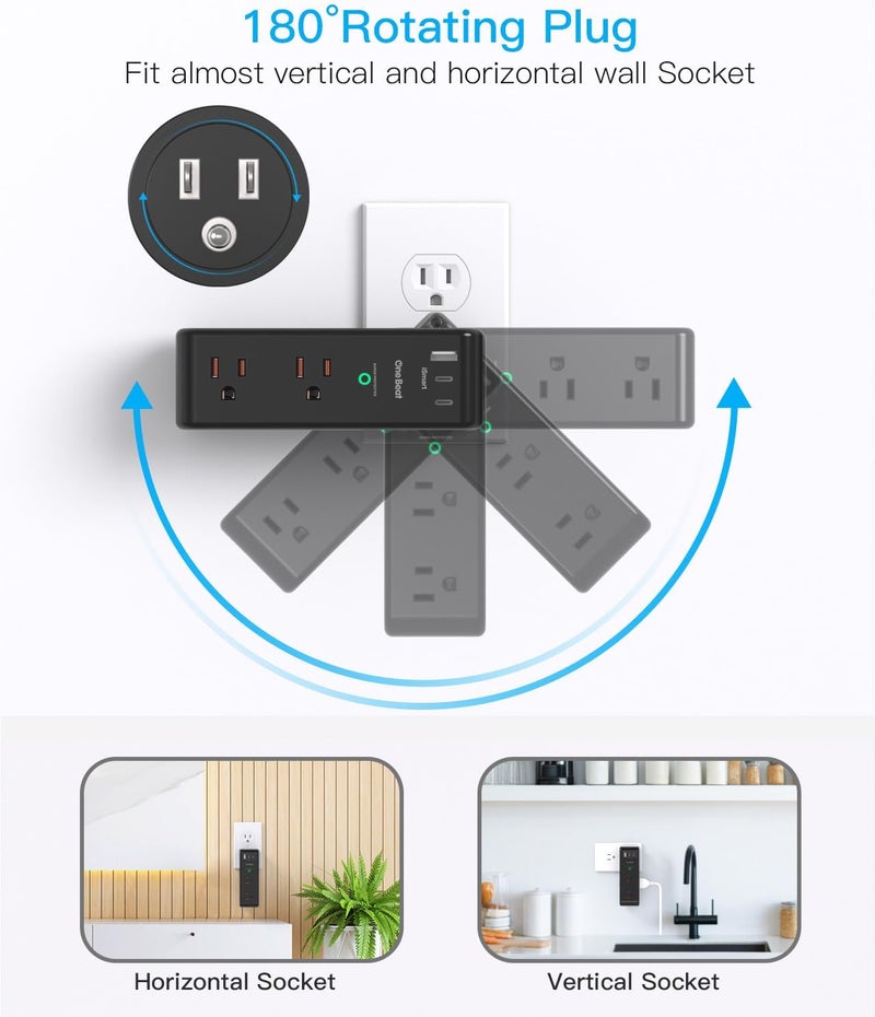 One Beat Surge Protector Outlet Extender with Rotating Plug, 6 AC Multi Plug Outlet with 3 USB Ports (2 USB C), 1800J Wall Charger Swivel Power Adapter with Spaced Outlet Splitter for Home Office Dorm, Black - Image 2