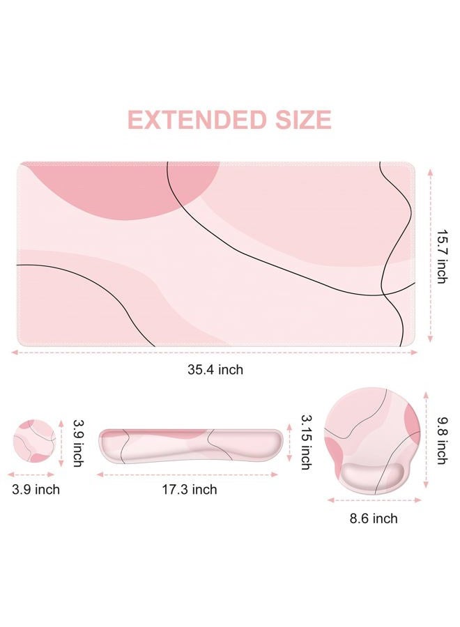 iCasso Large Gaming Mouse Pad Wrist Support Set, Desk Mat, 4in1 XXL Mousepad + Keyboard Wrist Rest+Mouse Wrist Rest+Coaster Set with Ergonomic Design for Home Office Table Computer-Pink Art - Image 2
