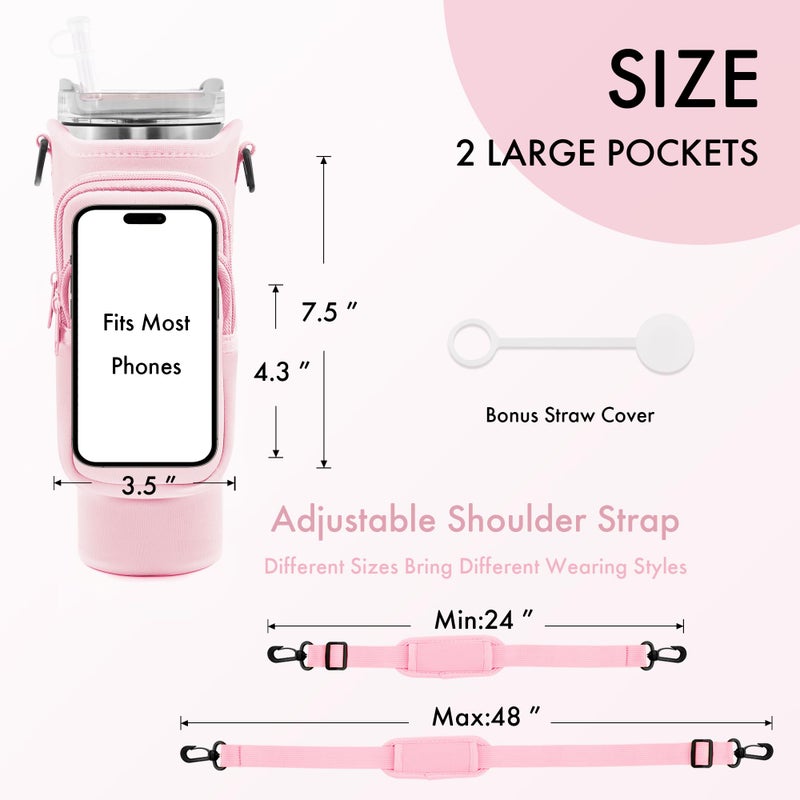 JEBEALUO JEBEALUO Water Bottle Carrier Bag with Phone Pocket for Stanley Cup 40/30 oz, Water Bottle Holder with Adjustable Strap& Straw Cover, Stanley Cup Accessories (Pink)  - Image 5